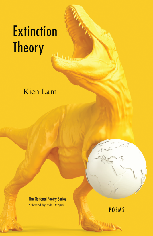The cover of Extinction Theory showing a yellow t rex roaring with its head upwards and holding a white globe against a yellow background